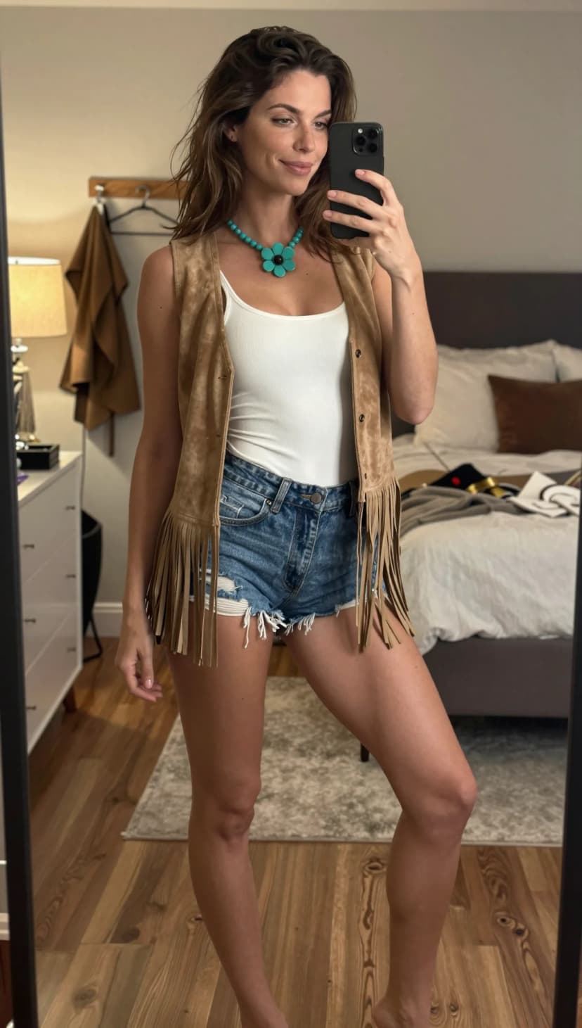 Tan Suede Fringe Vest + White Ribbed Tank Top + Distressed Denim Shorts