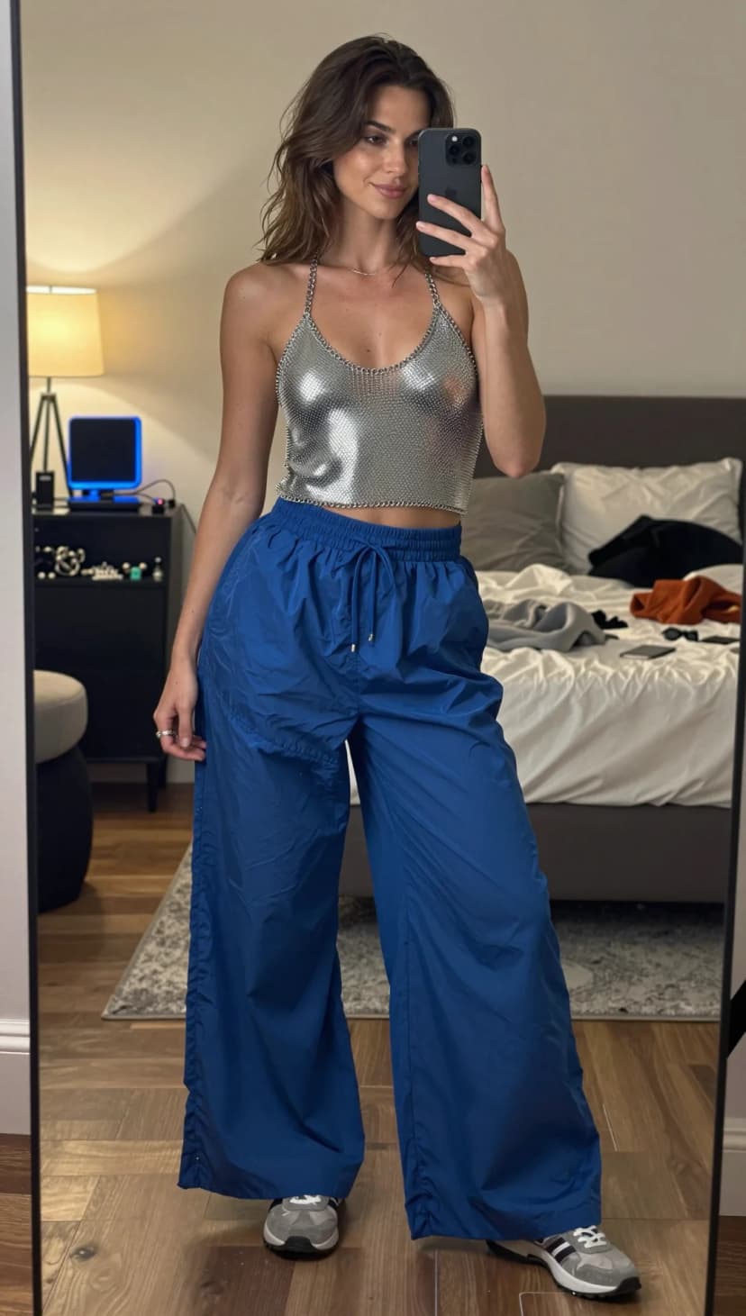 Silver Metal Mesh Halter Top + Royal Blue Nylon Track Pants + Grey and White Sneakers