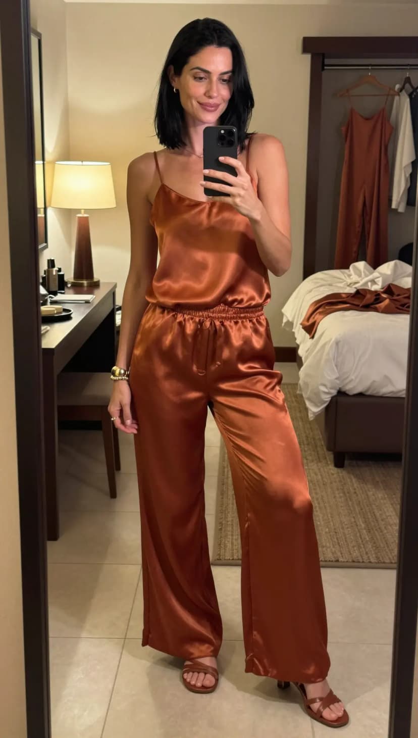 Rust Satin Camisole + Rust Satin Wide-Leg Pants + Brown Strappy Heels
