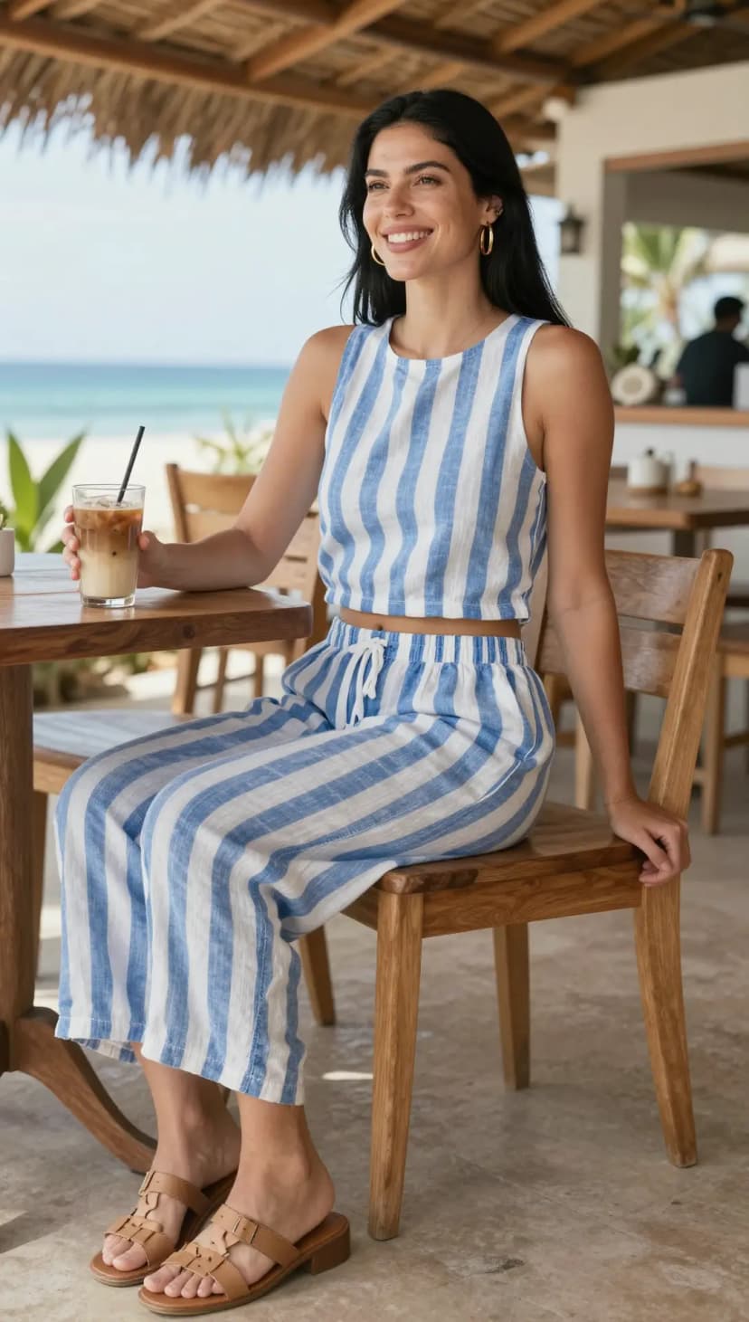 Blue and White Stripe Linen Crop Top + Blue and White Stripe Linen Wide-Leg Pants + Tan Leather Slide Sandals