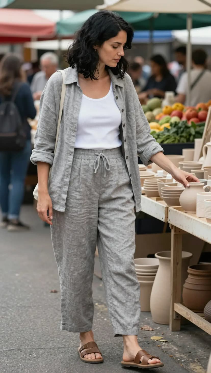 Grey Linen Shirt + White Ribbed Tank Top + Grey Linen Trousers + Brown Leather Sandals