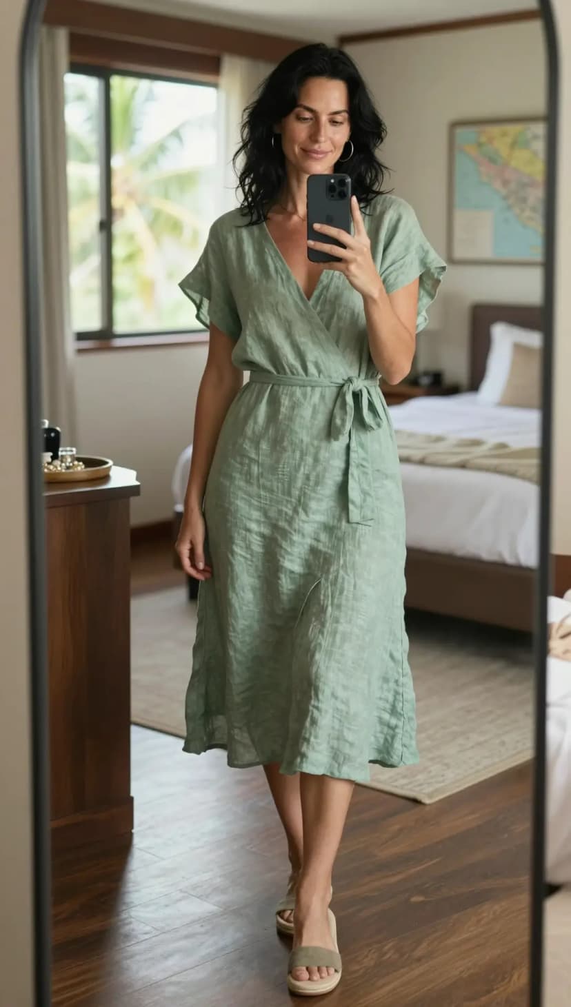 Sage Linen Wrap Dress + Beige Espadrille Wedges