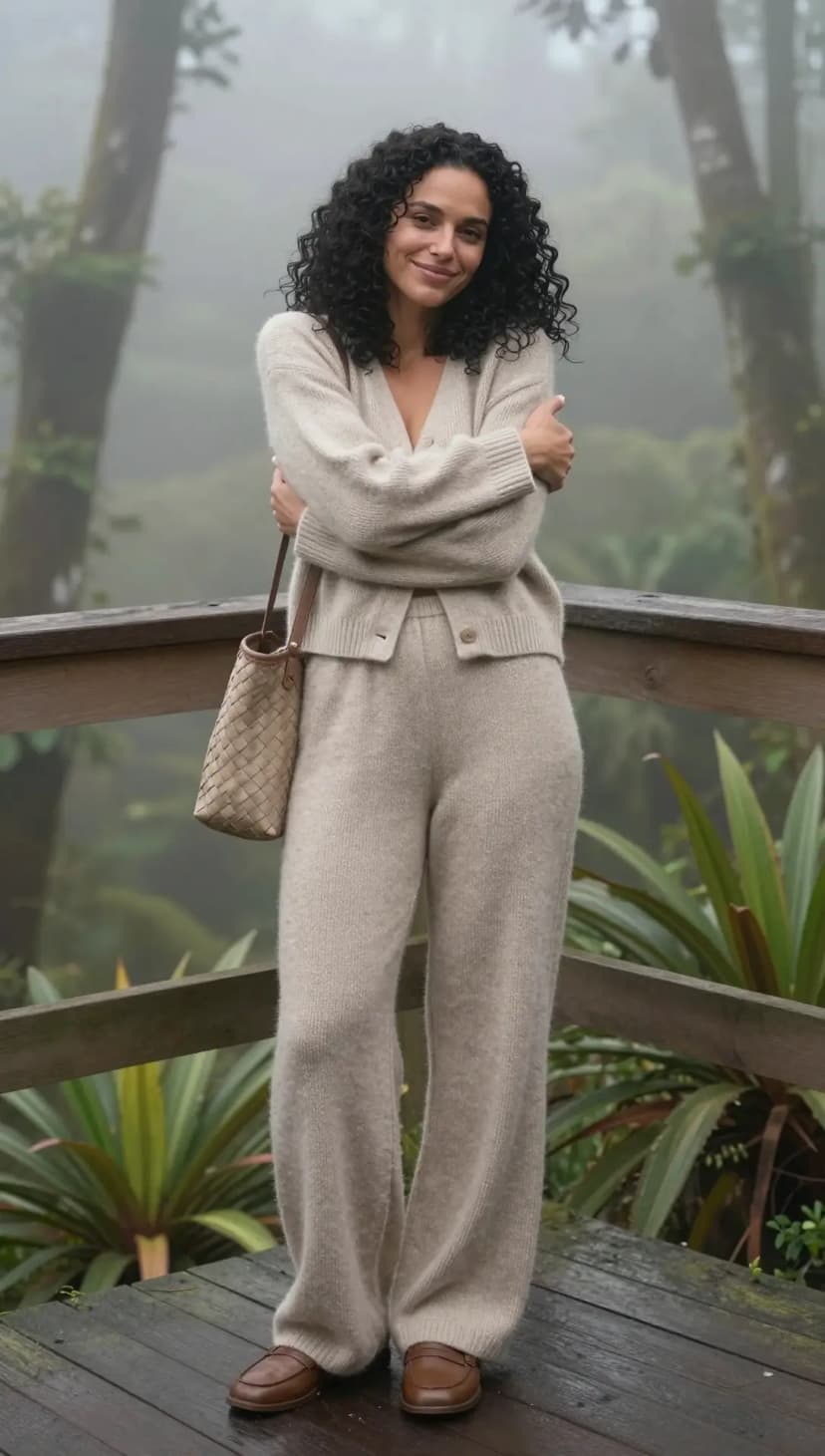 Cream Knit Cardigan + Cream Knit Trousers + Brown Leather Loafers + Beige Woven Tote Bag