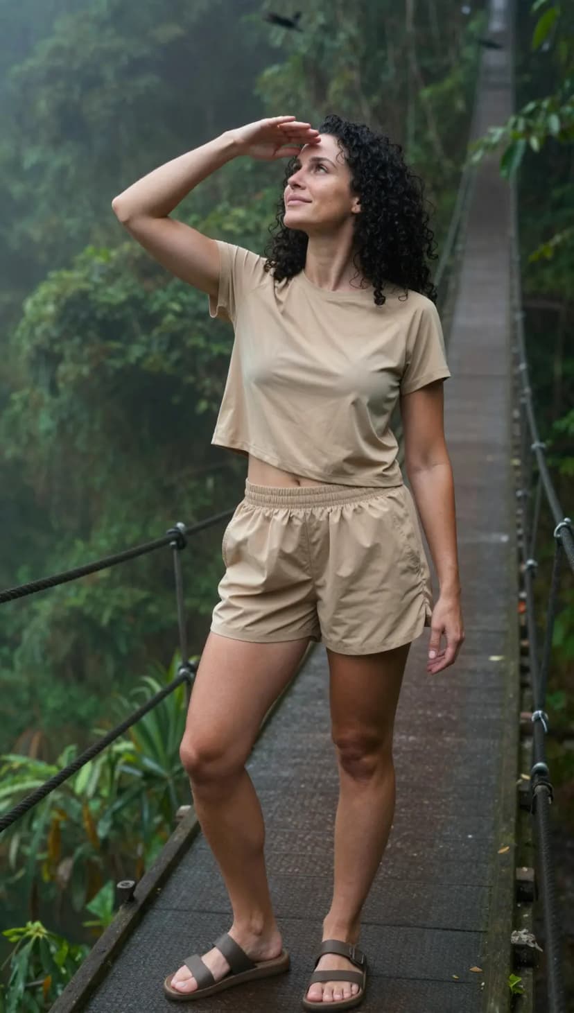Tan Cotton Crop T-Shirt + Tan Nylon Athletic Shorts + Brown Leather Sandals