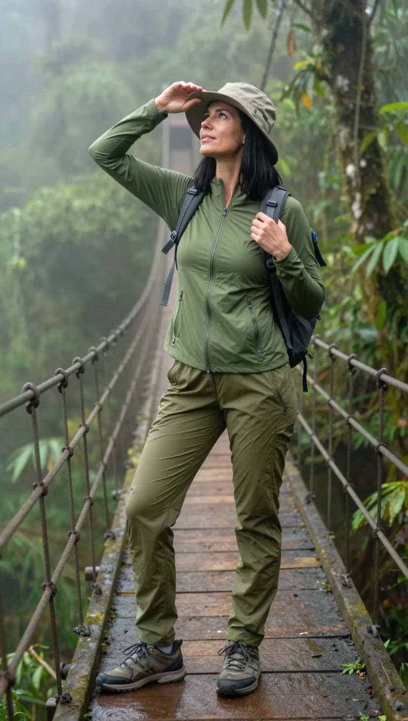 Olive Performance Quarter-Zip Top + Olive Cargo Hiking Pants + Tan Wide-Brim Hat