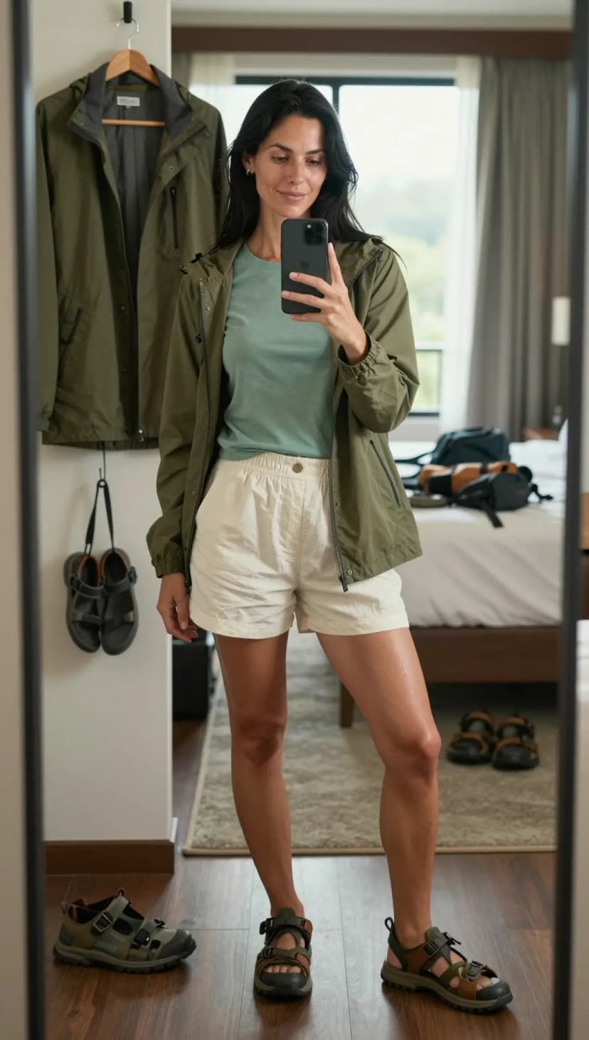 Olive Green Water-Resistant Jacket + Dusty Teal Cotton T-Shirt + Cream Linen Blend Pull-On Shorts + Brown and Olive Hiker Sandals