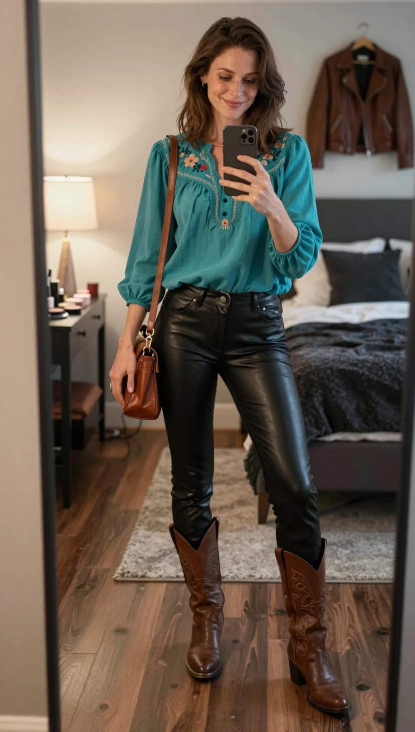 Teal Embroidered Blouse + Black Faux Leather Pants + Brown Cowboy Boots