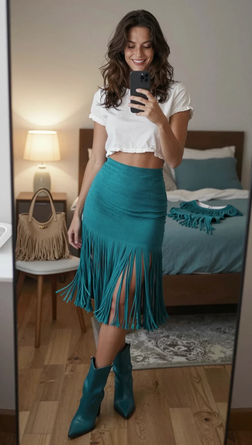White Cotton Crop Top + Teal Fringe Midi Skirt + Teal Leather Ankle Boots