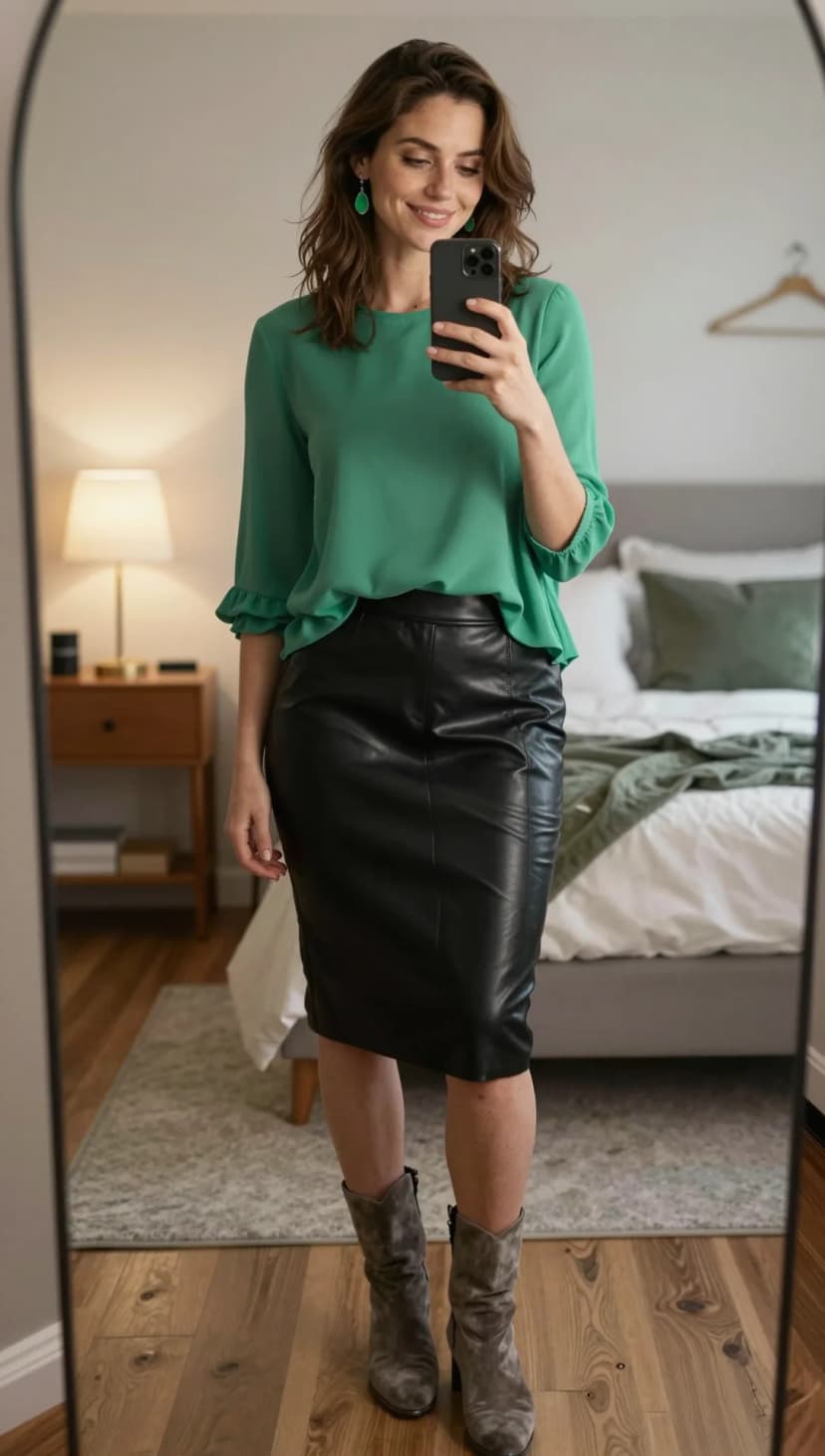 Green Chiffon Ruffle Blouse + Black Faux Leather Pencil Skirt + Taupe Suede Mid-Calf Boots