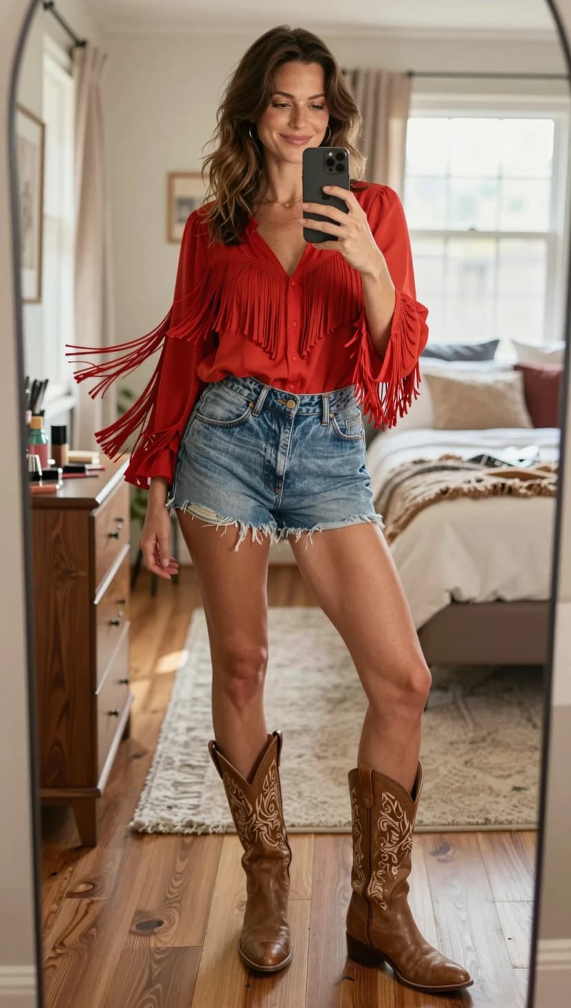 Red Fringed Satin Blouse + Light Wash Denim Cutoff Shorts + Brown Embroidered Western Boots