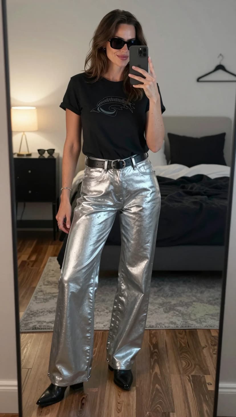 Black Graphic Tee + Silver Metallic Wide-Leg Pants + Black Leather Ankle Boots