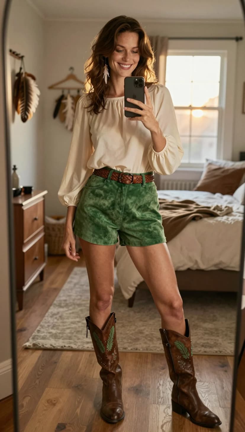 Cream Cotton Blouse + Green Tie-Dye Velvet Shorts + Brown Leather Belt + Brown Embroidered Boots