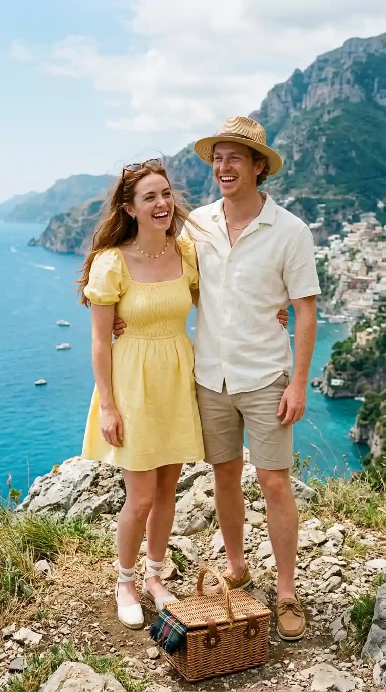 Yellow Smocked Mini Dress + Beige Linen Camp Shirt + Khaki Shorts