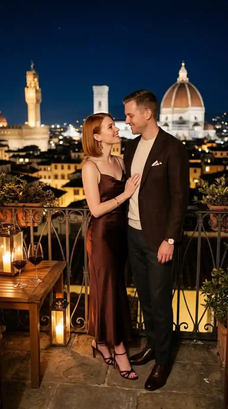 Deep Burgundy Slip Dress + Chocolate Brown Blazer + Cream Crewneck Sweater + Charcoal Trousers