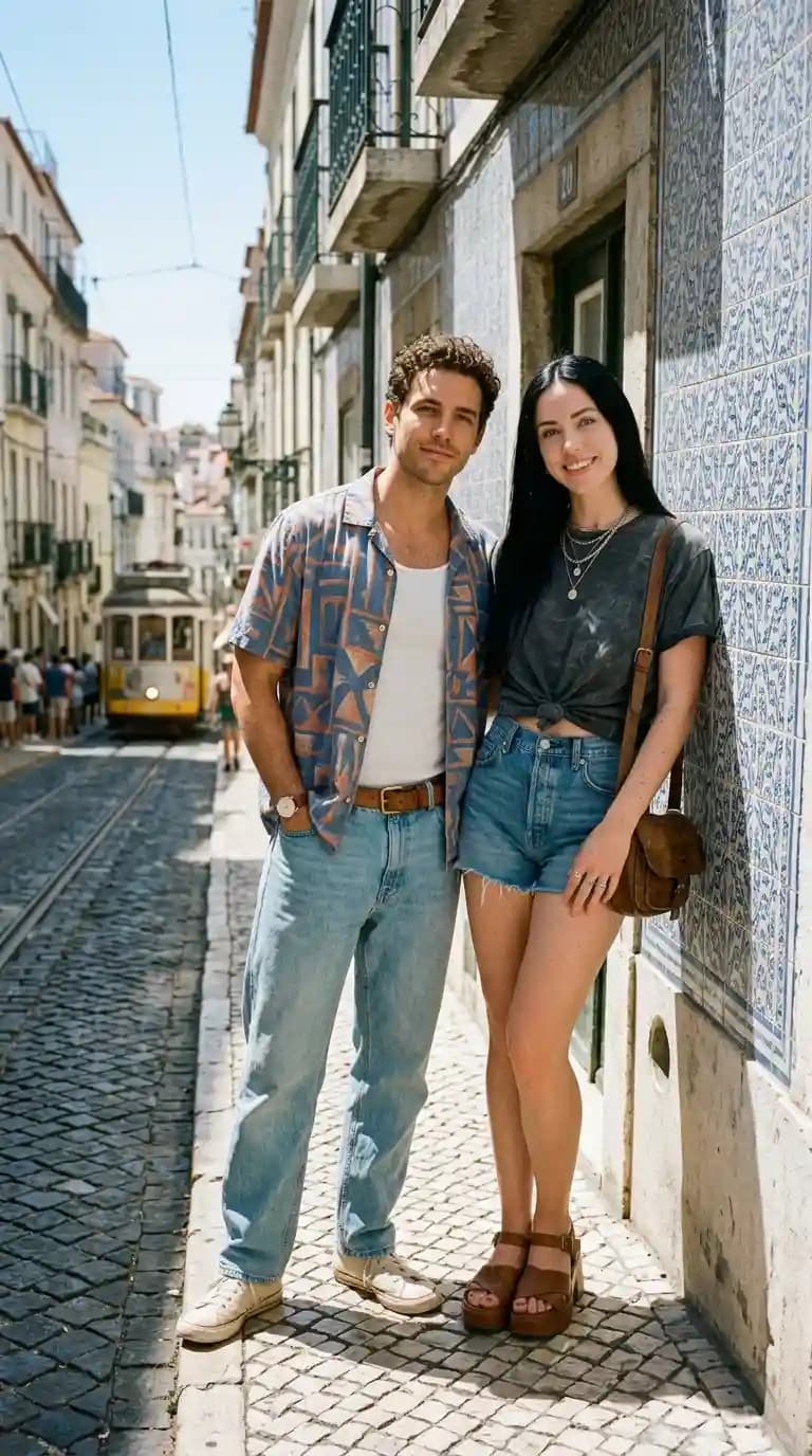 Retro Printed Shirt + White Tank Top + Light Wash Denim Shorts + Light Wash Jeans