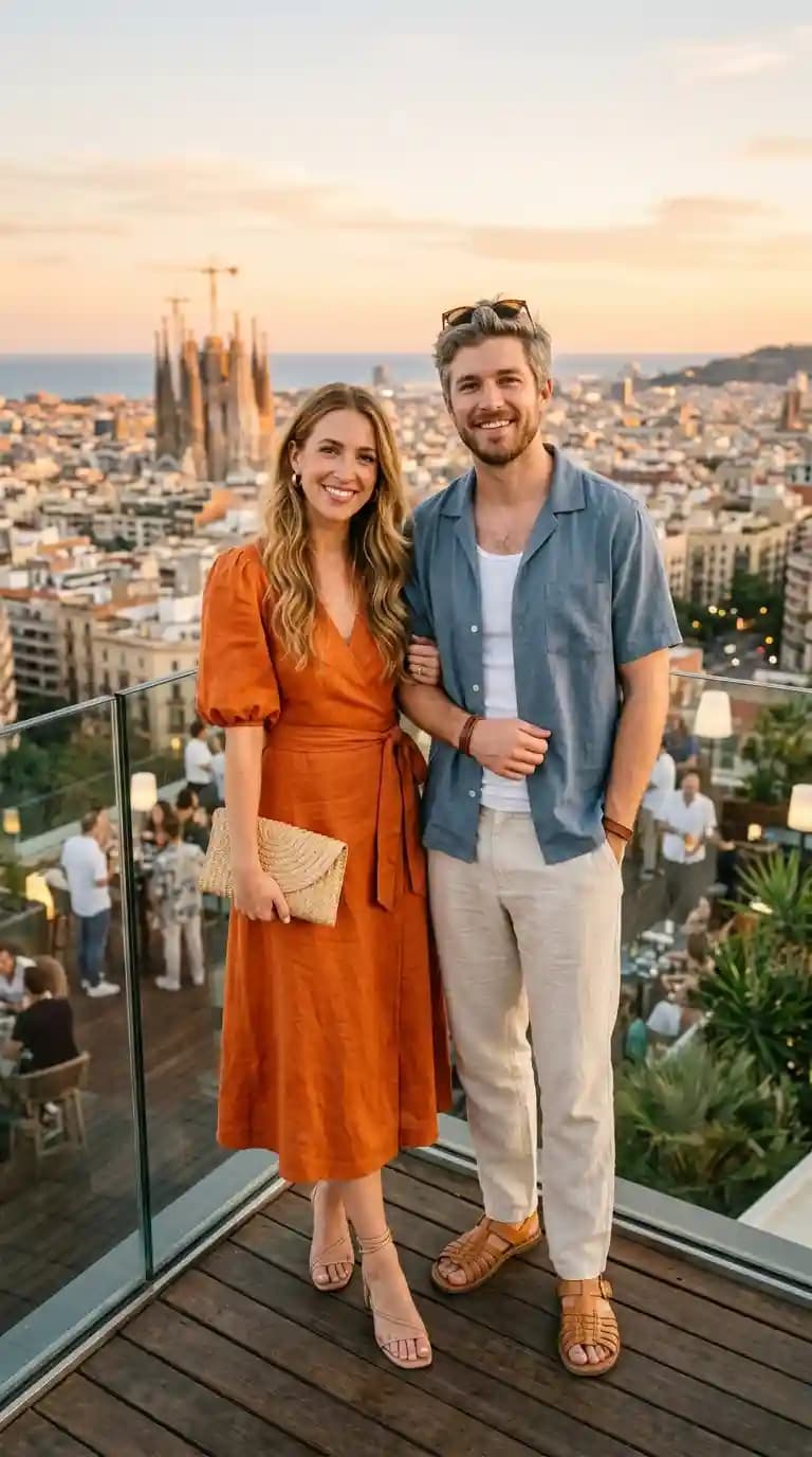 Orange Linen Wrap Dress + Blue Camp Collar Shirt + Cream Linen Trousers