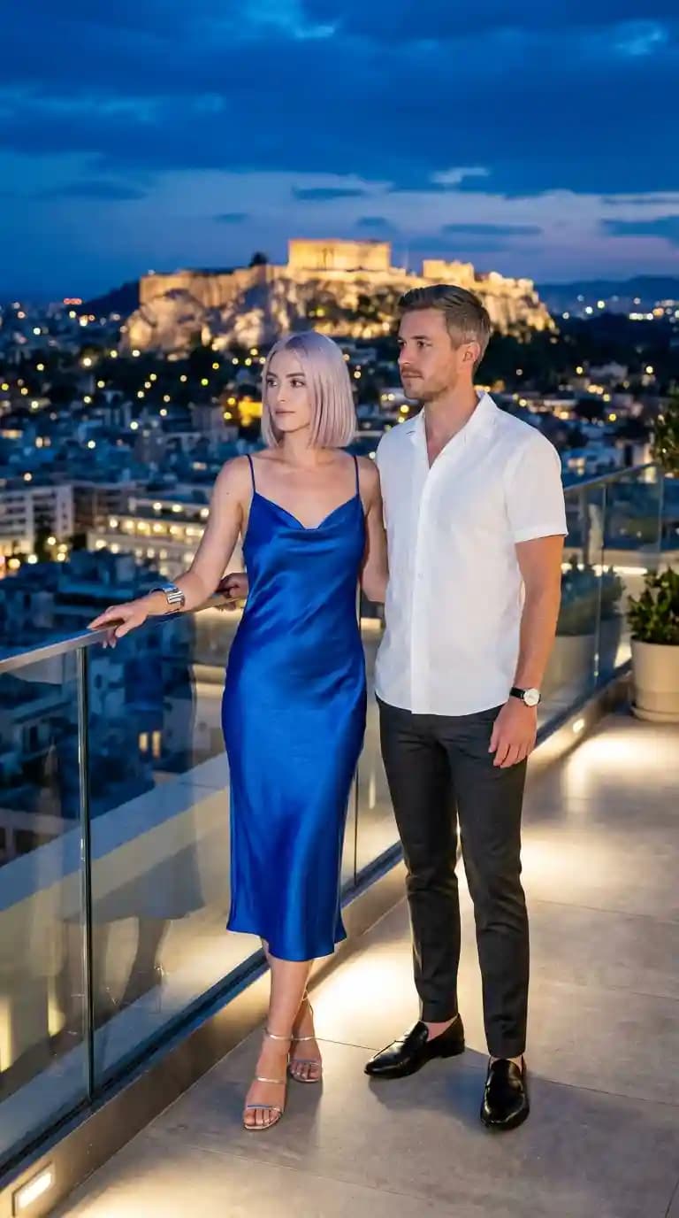 Blue Satin Slip Dress + White Linen Shirt + Charcoal Trousers