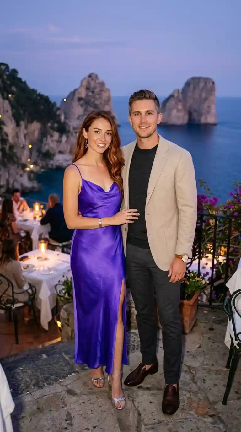 Purple Satin Slip Dress + Beige Linen Blazer + Dark Grey Trousers