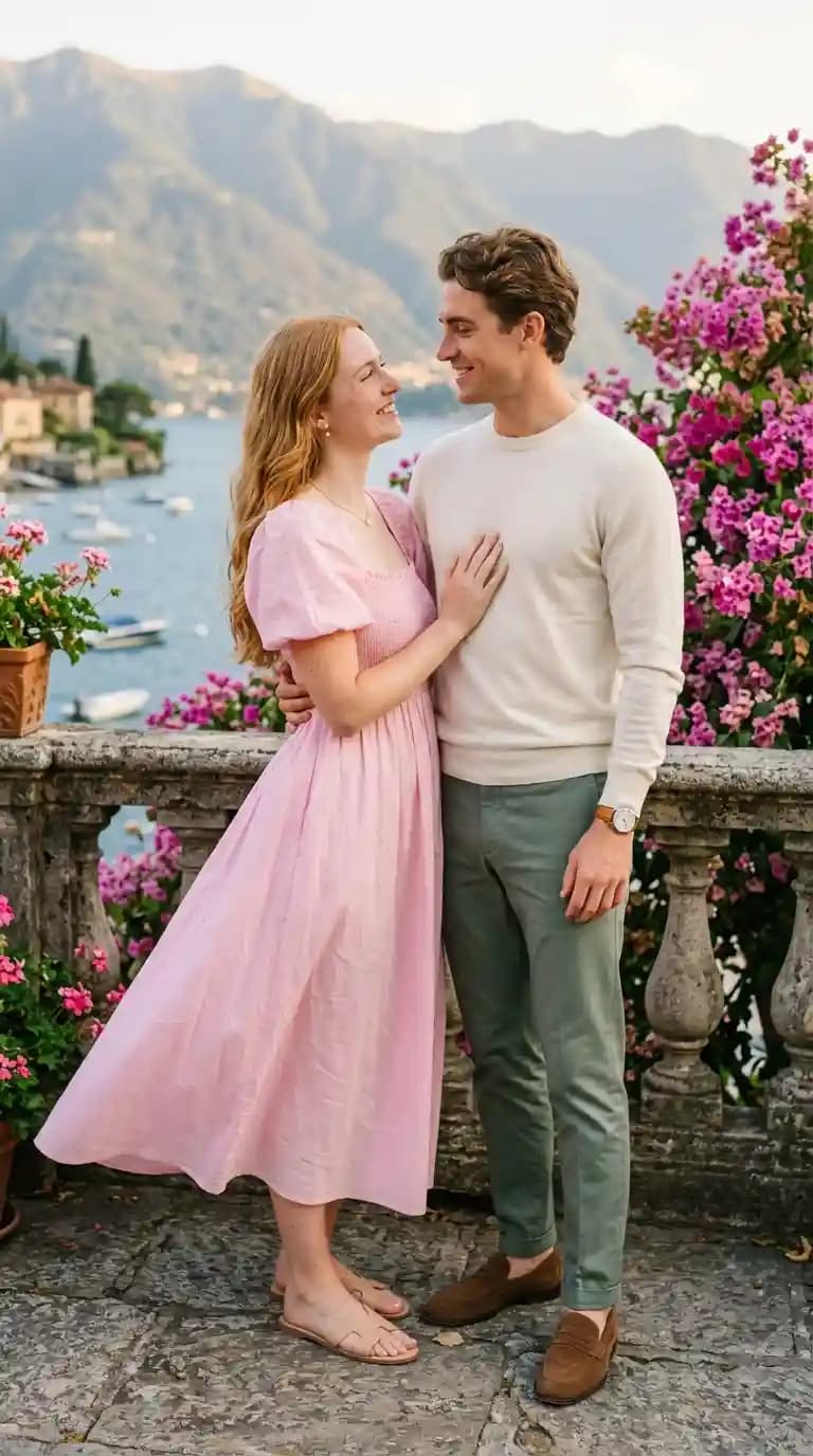 Pink Puff Sleeve Smocked Midi Dress + Cream Crewneck Sweater + Olive Green Chinos