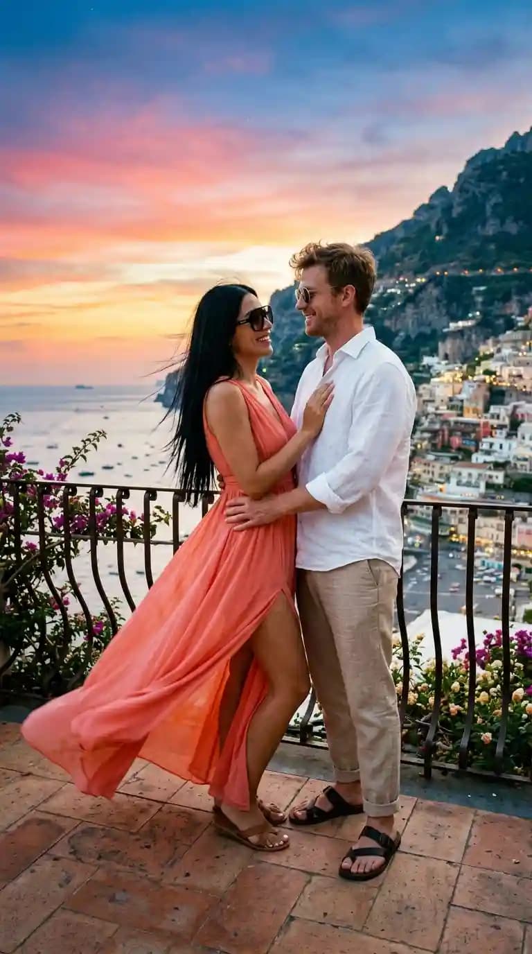 Coral Flowy Maxi Dress + Linen Button-Down Shirt + Linen Trousers