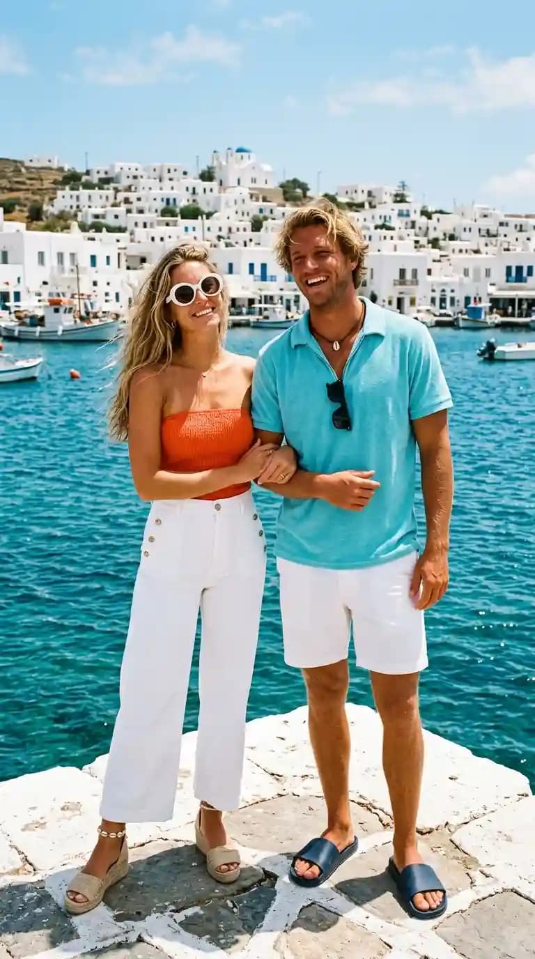 Orange Strapless Tube Top + White High-Waisted Cropped Pants + Blue Polo Shirt + White Shorts