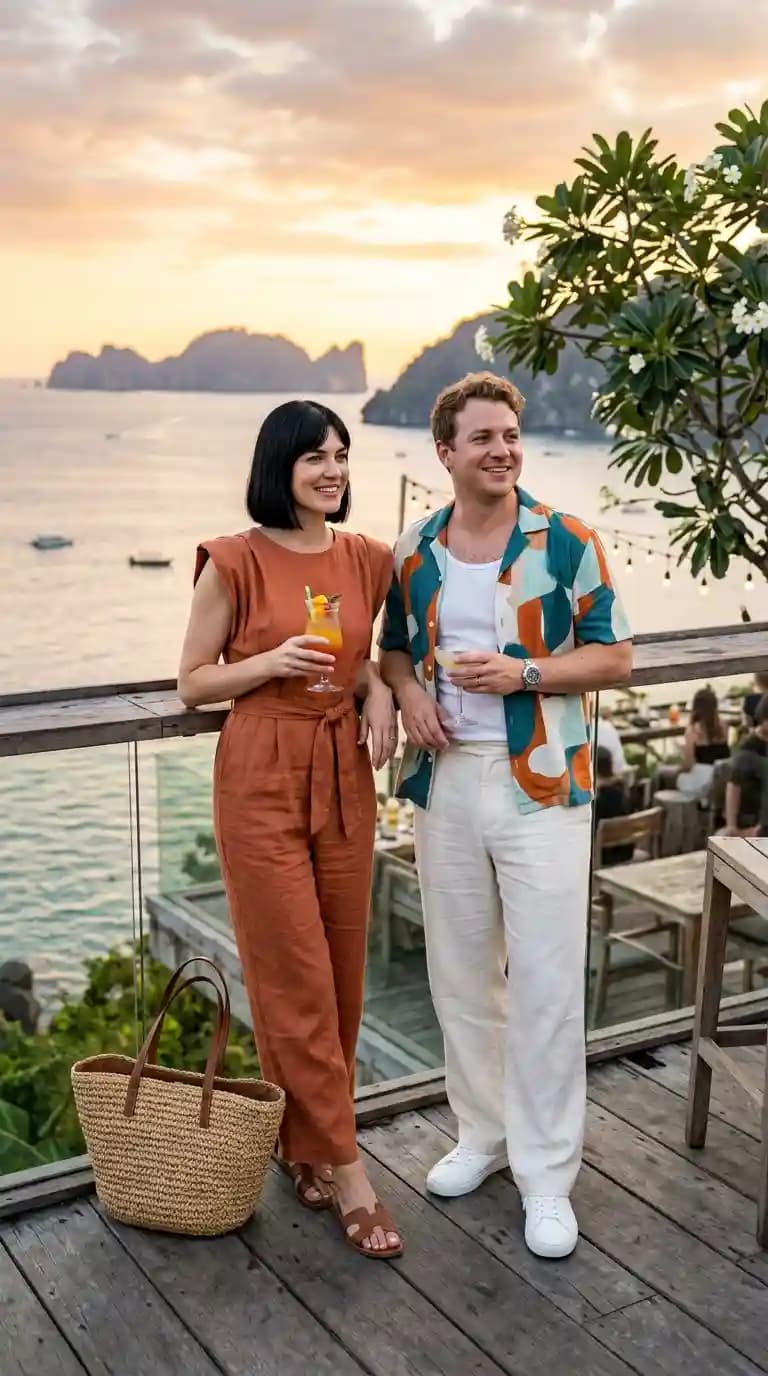 Rust Linen Jumpsuit + White Tank Top + Patterned Camp Shirt + Cream Linen Trousers