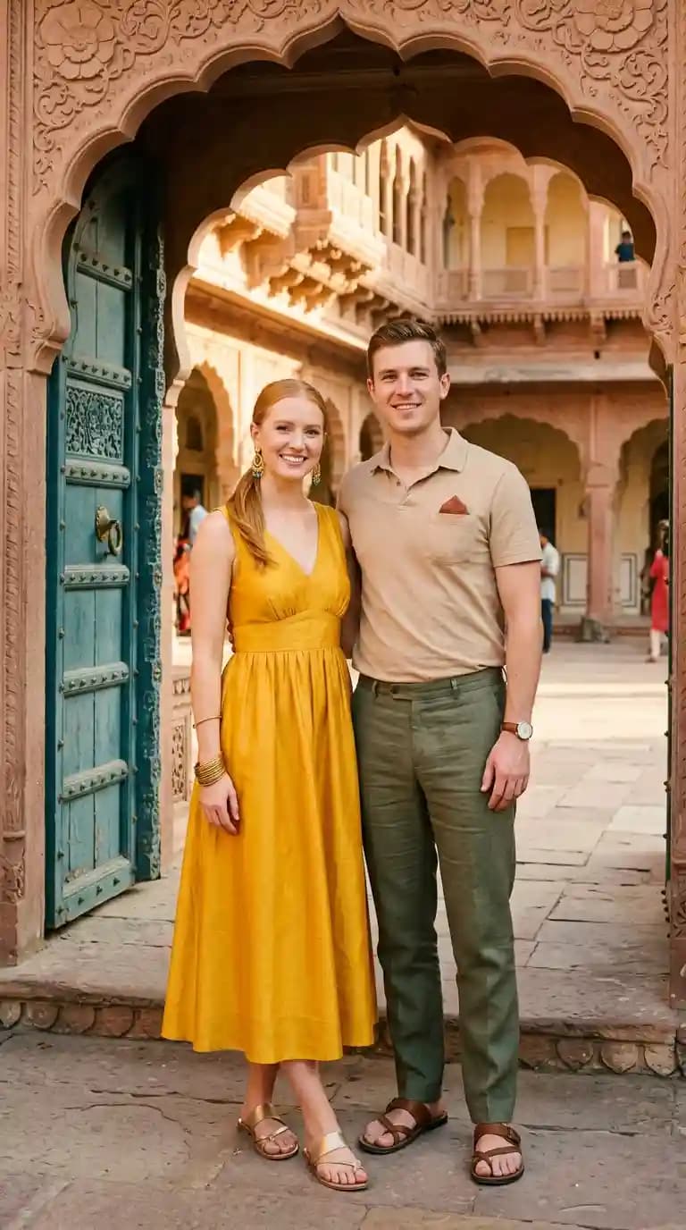 Mustard Yellow Midi Dress + Tan Polo Shirt + Olive Green Trousers