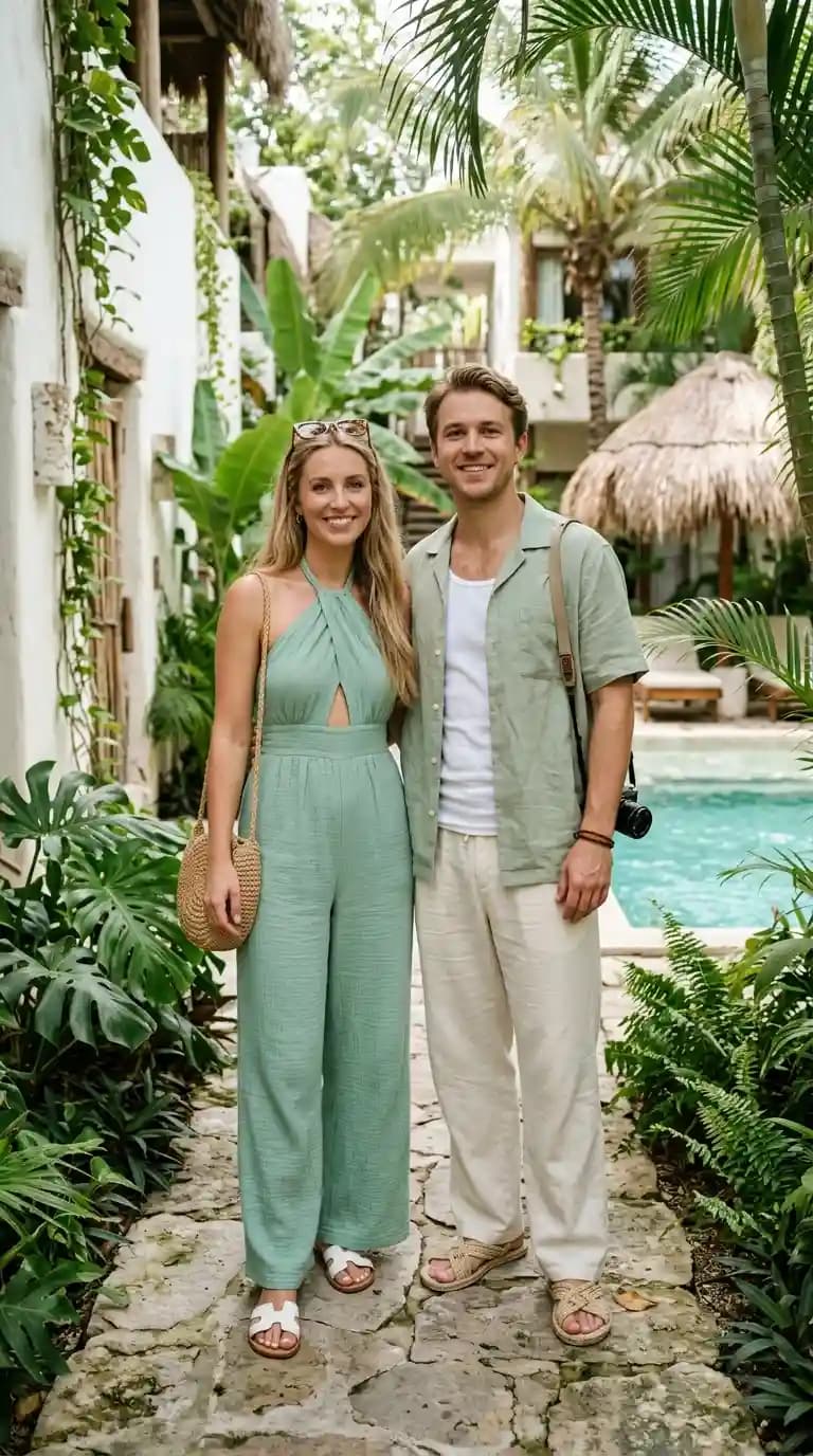 Light Green Gauze Jumpsuit + White Tank Top + Beige Linen Pants