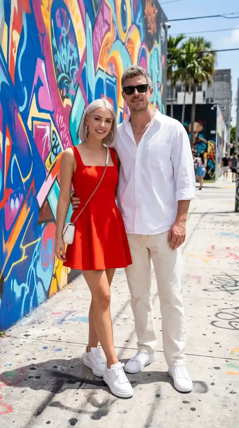 Red Fit-and-Flare Mini Dress + White Linen Shirt + Cream Chinos