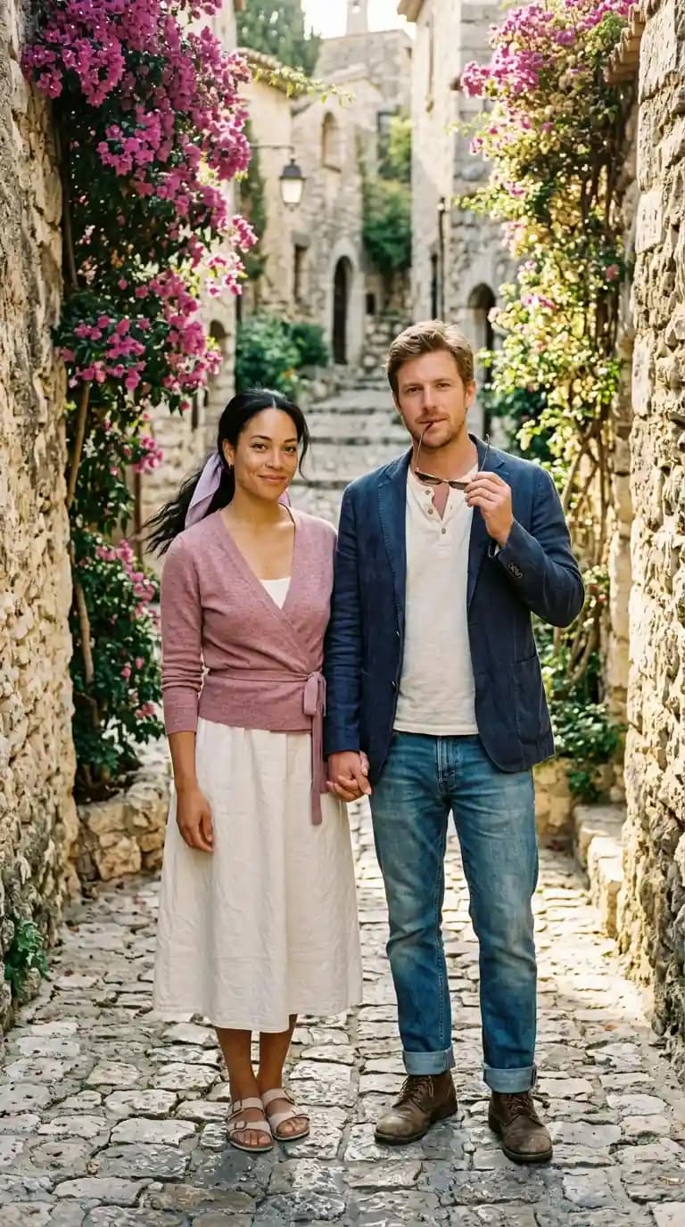 Pink Wrap Cardigan + Cream Midi Dress + Navy Blazer + Blue Jeans