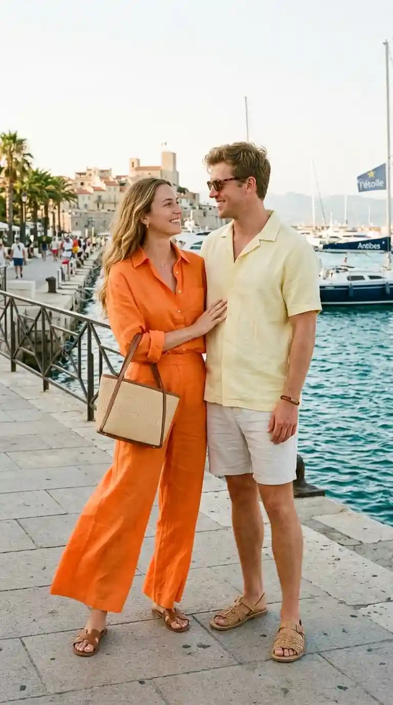 Orange Linen Shirt + Orange Linen Wide-Leg Pants + Yellow Linen Camp Shirt + White Linen Shorts