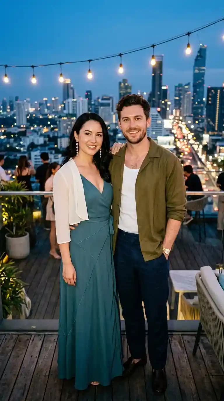 Teal Wrap Dress + Olive Green Camp Shirt + White Tank Top + Navy Trousers