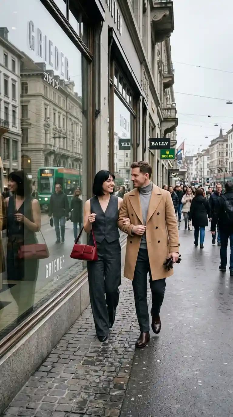 Grey Vest + Wide Leg Trousers + Camel Overcoat + Turtleneck Sweater