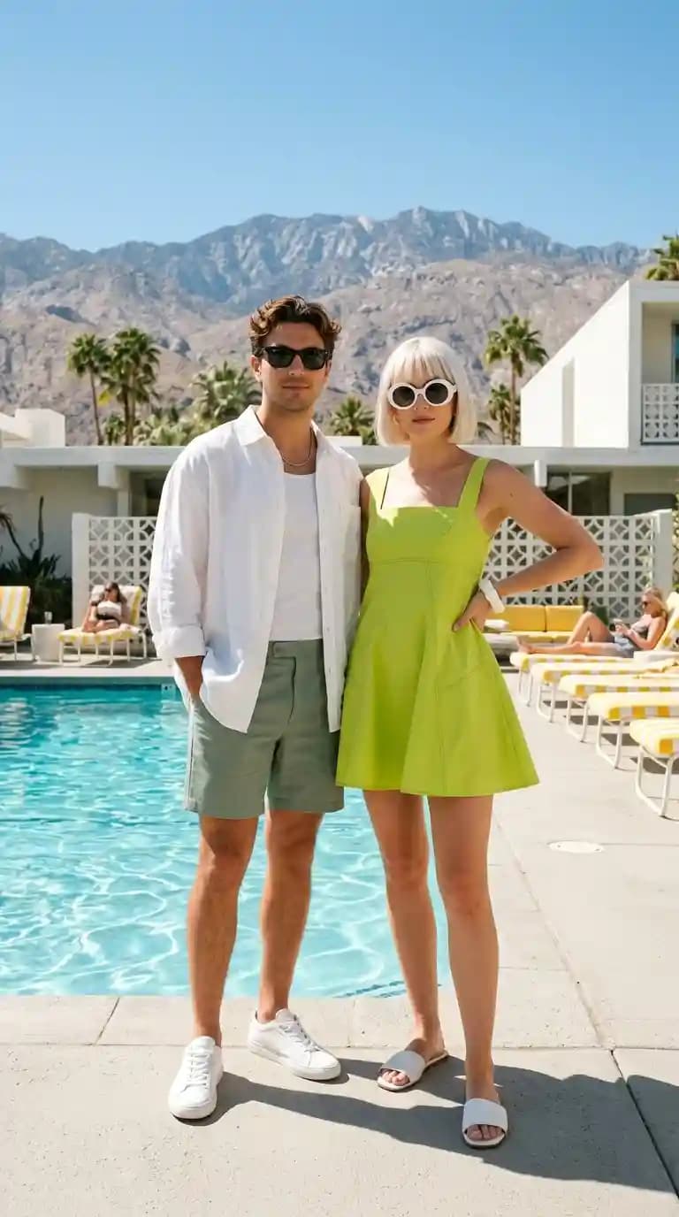 White Linen Shirt + White Tank Top + Light Green Shorts + Green Mini Dress