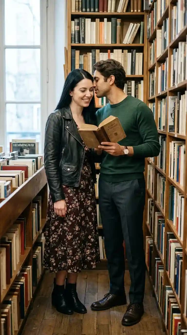 Black Leather Jacket + Floral Print Midi Dress + Forest Green Turtleneck Sweater + Charcoal Grey Trousers