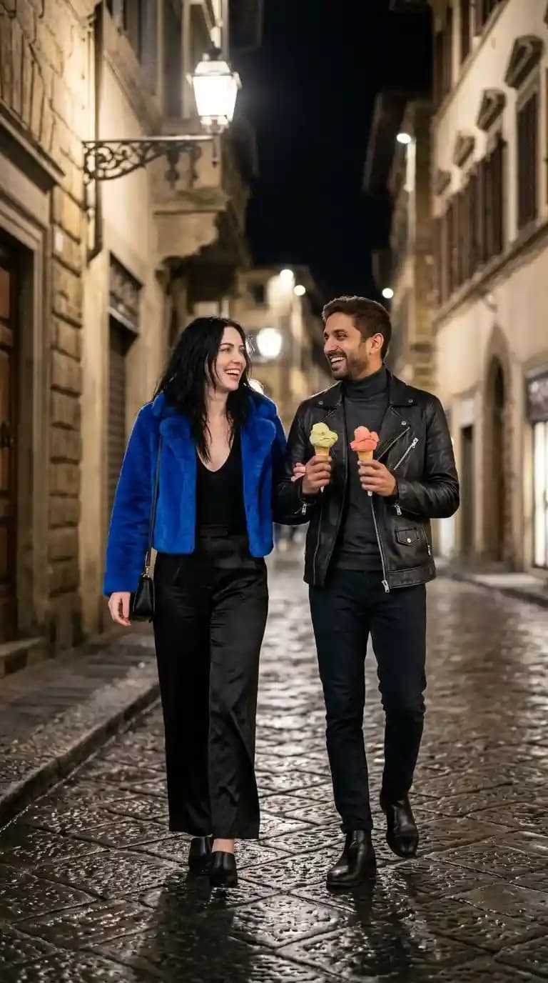 Royal Blue Faux Fur Jacket + Black V-Neck Top + Black Satin Wide-Leg Pants + Black Leather Moto Jacket + Charcoal Turtleneck + Black Skinny Jeans