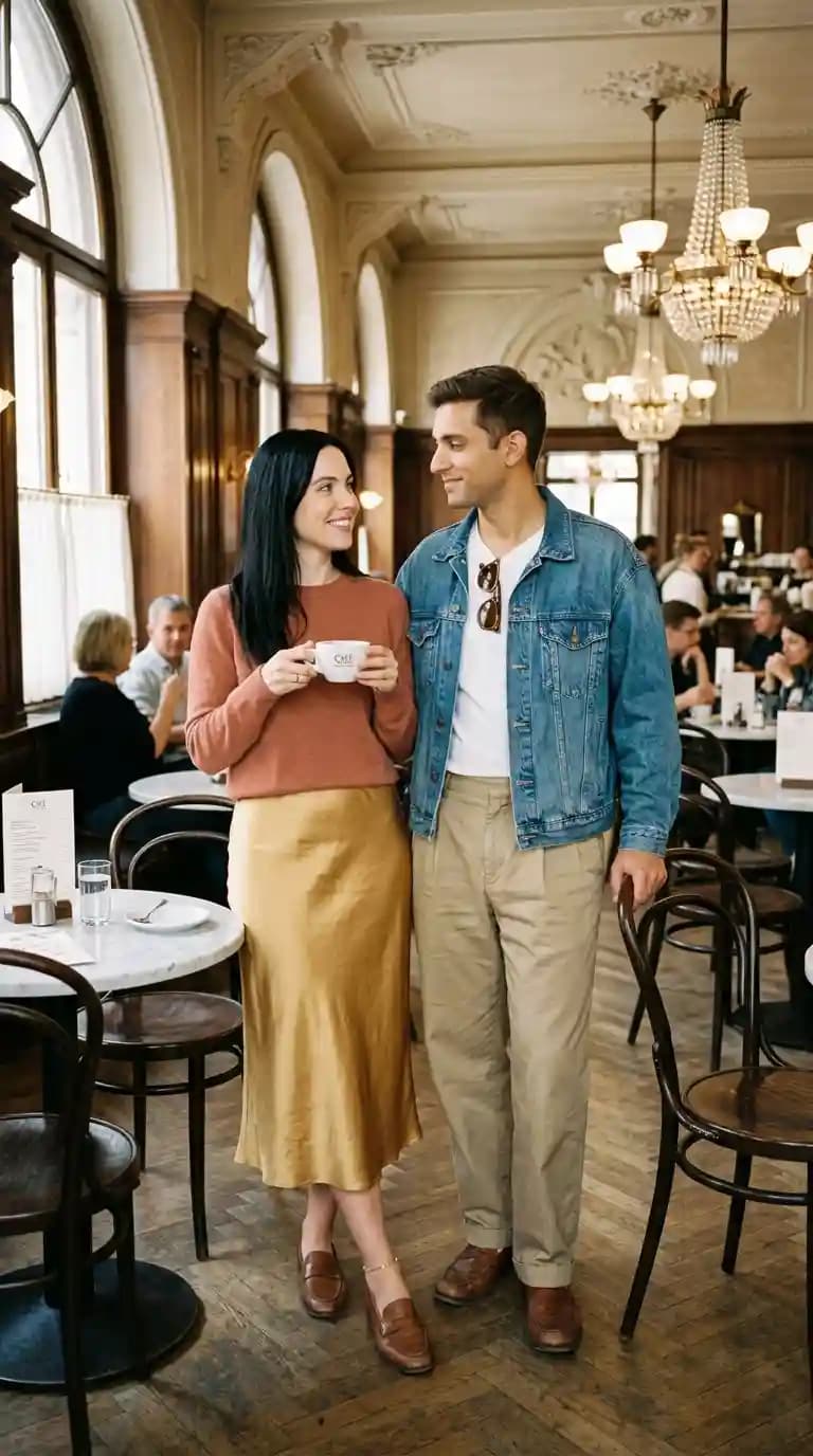 Terracotta Sweater + Mustard Satin Skirt + Denim Jacket + Khaki Trousers