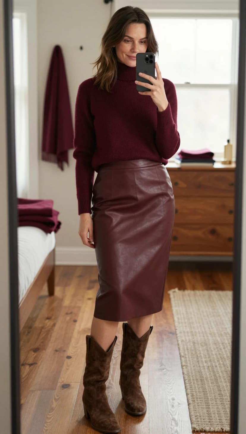 Burgundy Knit Turtleneck Sweater + Burgundy Faux Leather Pencil Skirt + Brown Suede Cowboy Boots