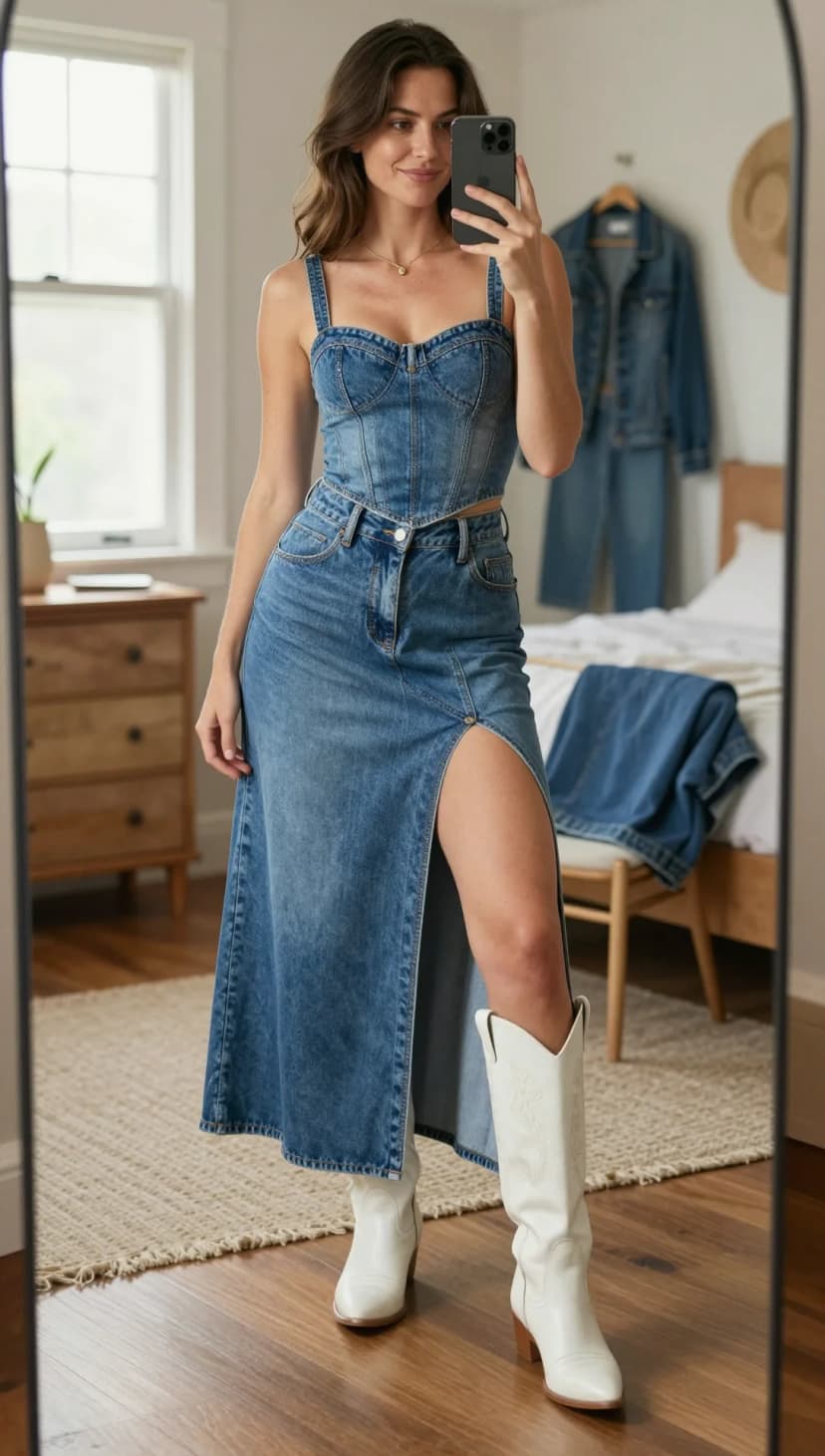 Blue Denim Corset Top + Blue Denim Maxi Skirt + White Leather Cowboy Boots