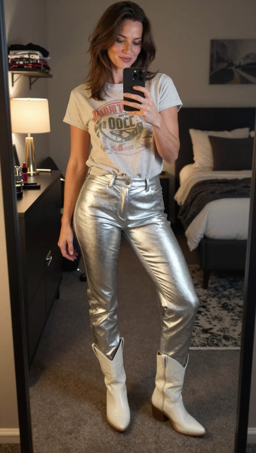 Grey Graphic Tee + Silver Metallic Jeans + White Leather Cowboy Boots