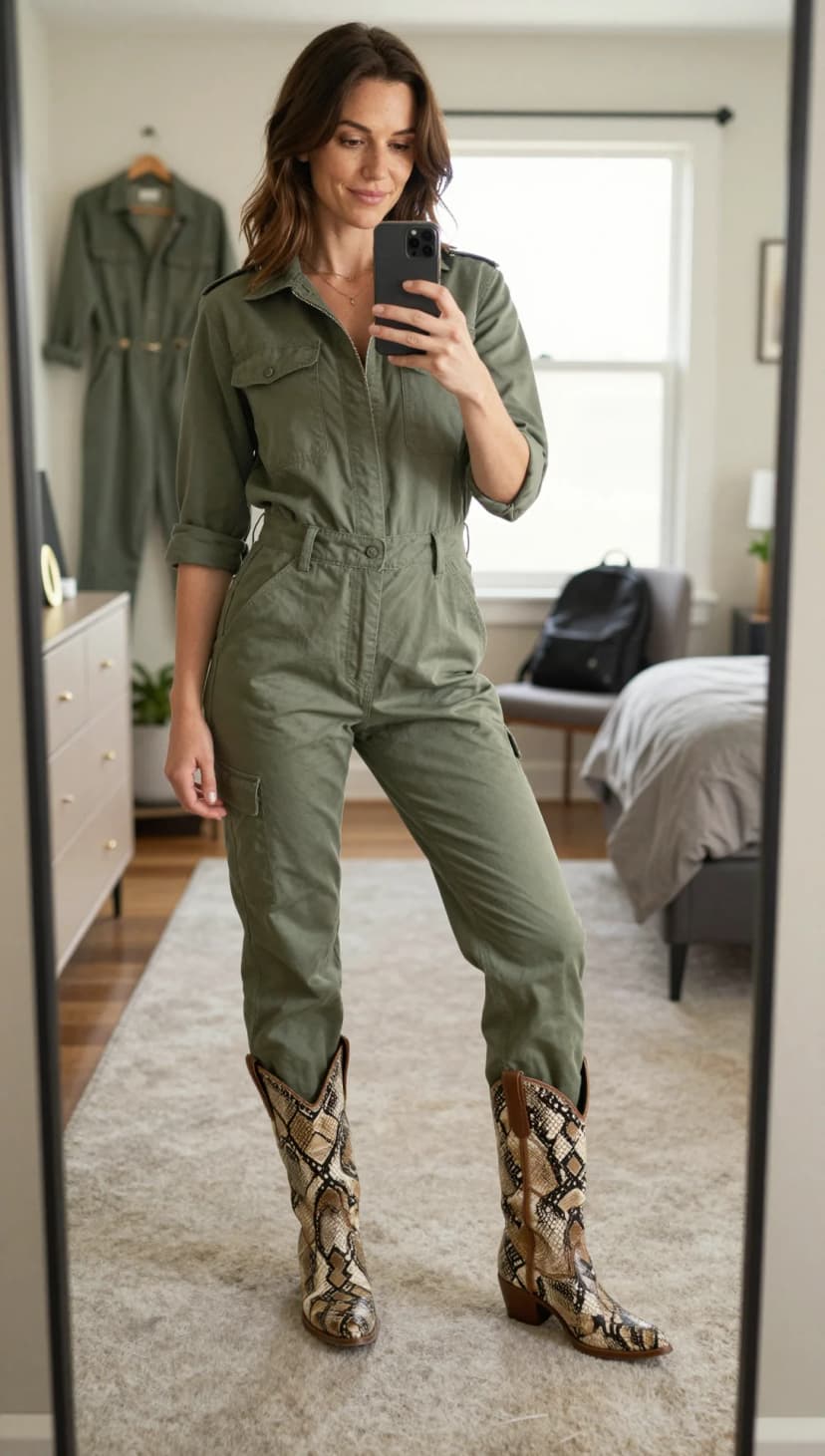 Olive Cotton Utility Jumpsuit + Snake Print Leather Cowboy Boots