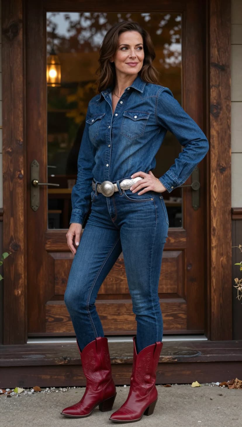 Blue Denim Shirt + Blue Denim Jeans + Red Leather Cowboy Boots
