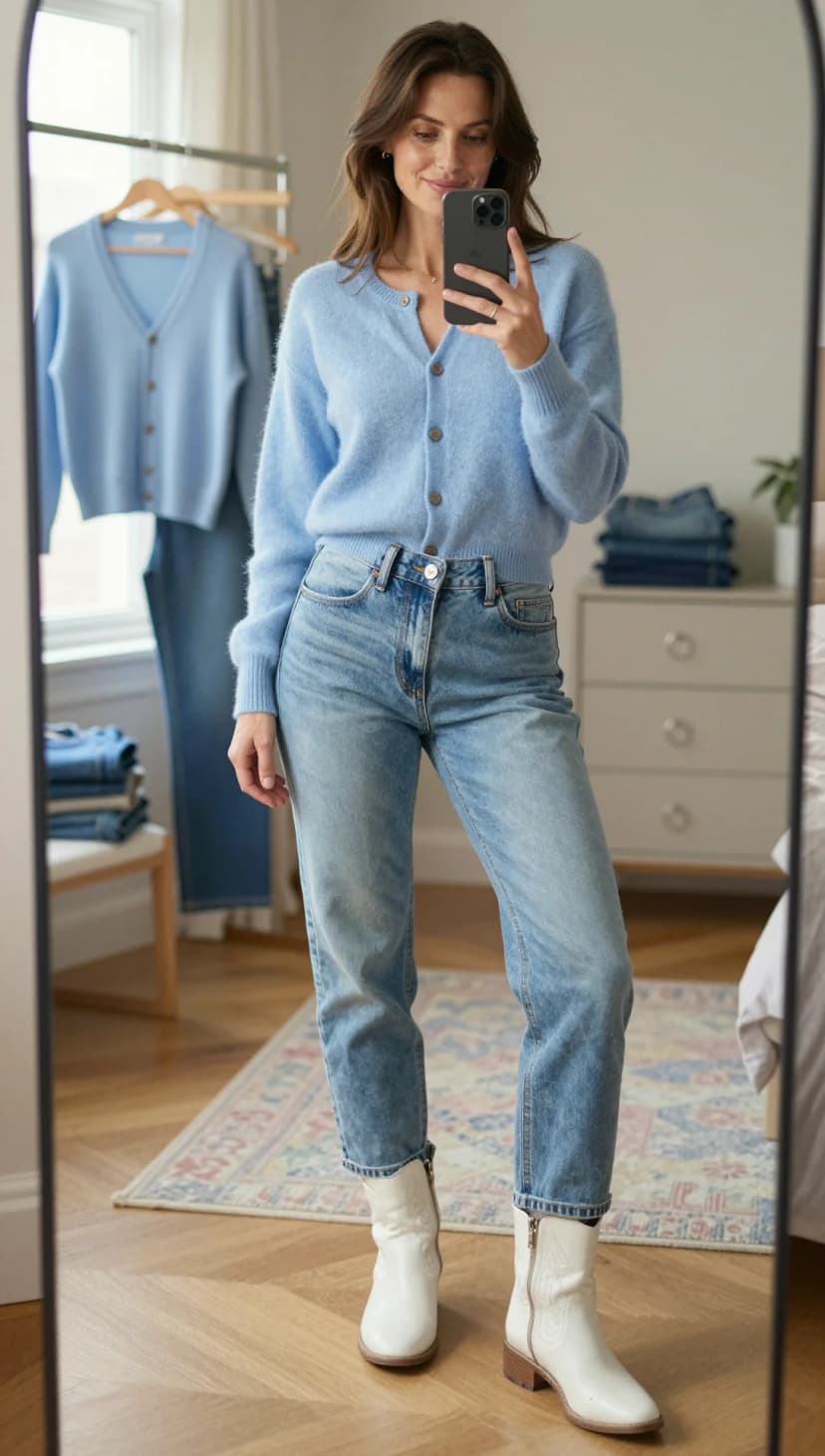 Sky Blue Fuzzy Cardigan + Light Wash Relaxed Fit Jeans + White Leather Cowboy Boots