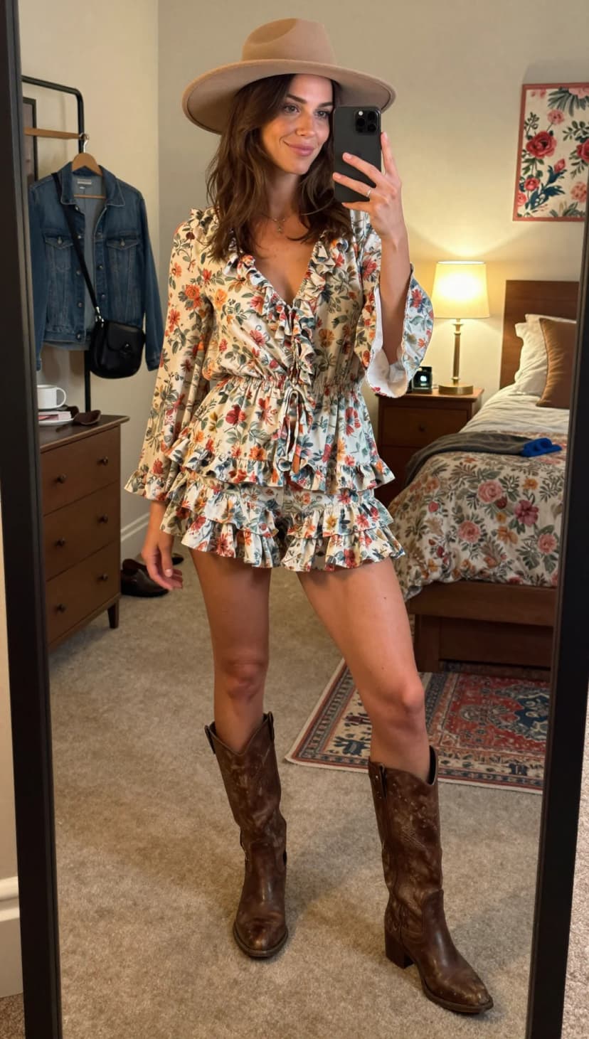 Cream Floral Print Ruffle Mini Dress + Brown Leather Cowboy Boots + Tan Felt Fedora