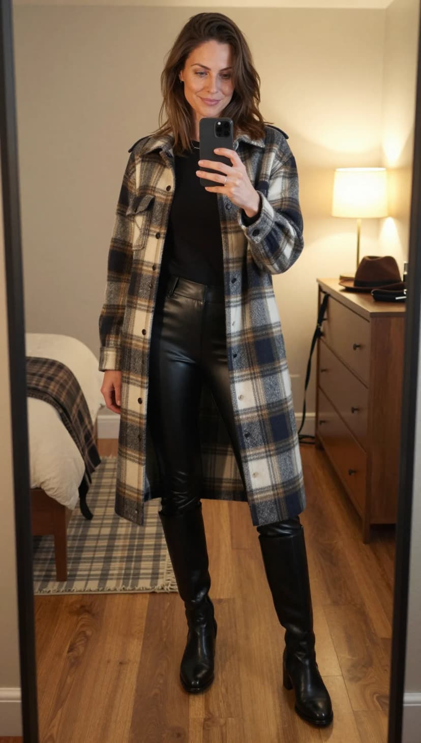 Tan and Navy Plaid Wool Shacket + Black Faux Leather Straight Leg Pants + Black Leather Knee-High Boots