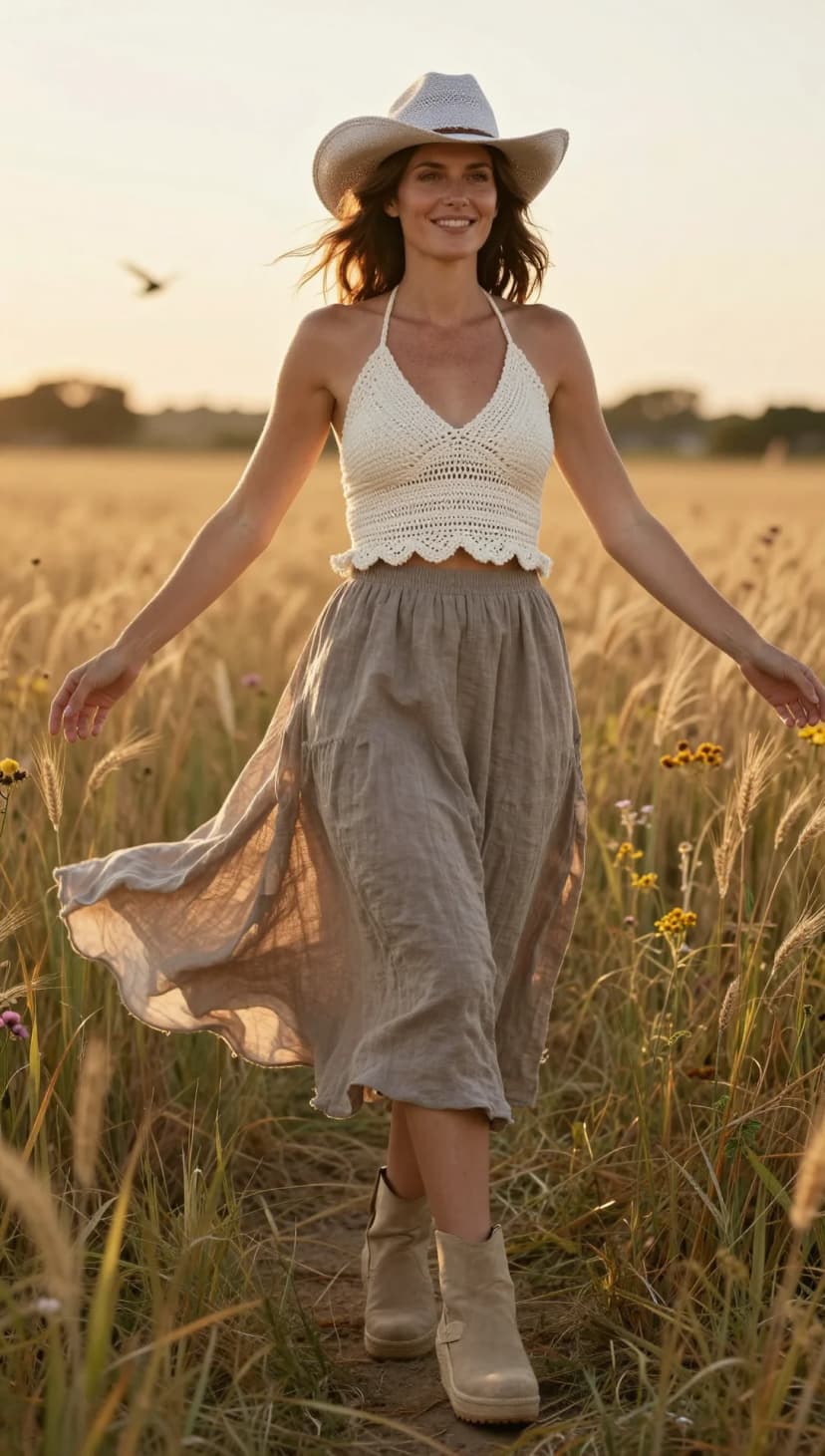 Cream Crochet Halter Top + Taupe Linen Maxi Skirt + Taupe Suede Ankle Boots