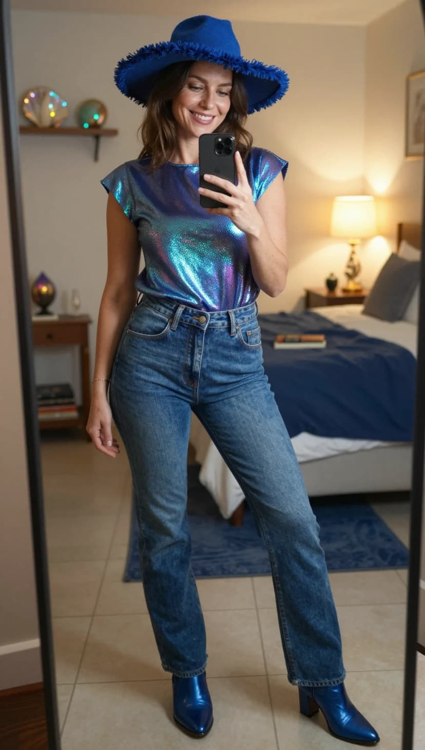 Iridescent Metallic Cap Sleeve Top + Medium Wash Straight Leg Jeans + Royal Blue Pointed Toe Ankle Boots