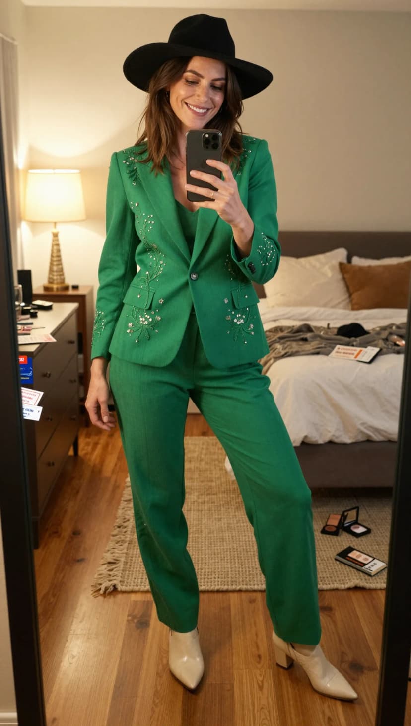 Emerald Green Beaded Blazer + Emerald Green Tailored Trousers + Cream Pointed Toe Ankle Boots + Black Wide Brim Hat