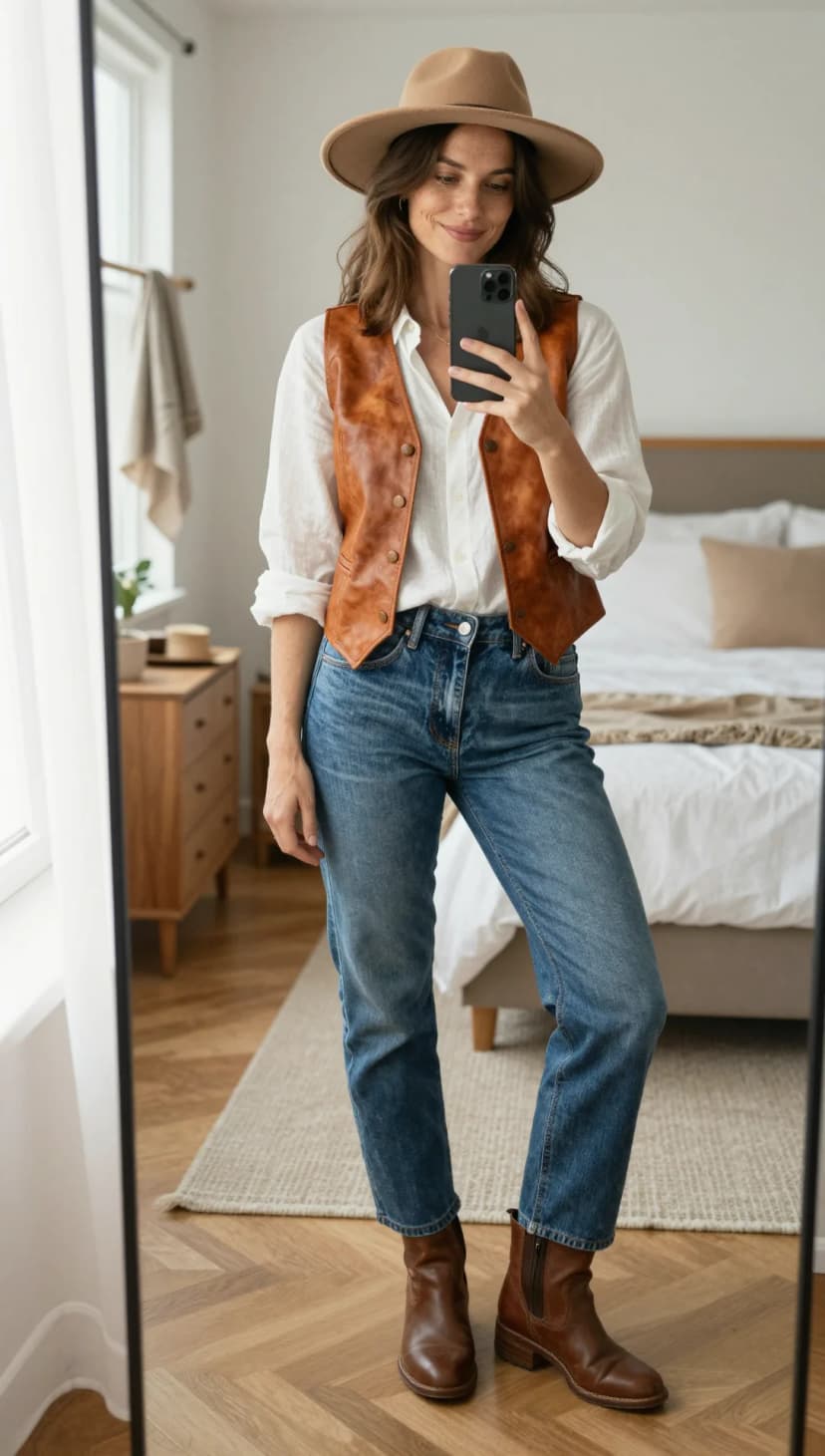 White Linen Button-Up Shirt + Brown Leather Vest + Blue Wash Straight Leg Jeans + Brown Leather Ankle Boots
