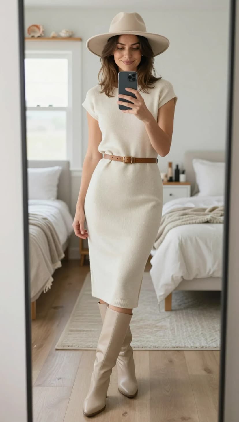 Cream Ribbed Knit Midi Dress + Brown Leather Belt + Taupe Pointed-Toe Boots + Beige Wide-Brim Hat